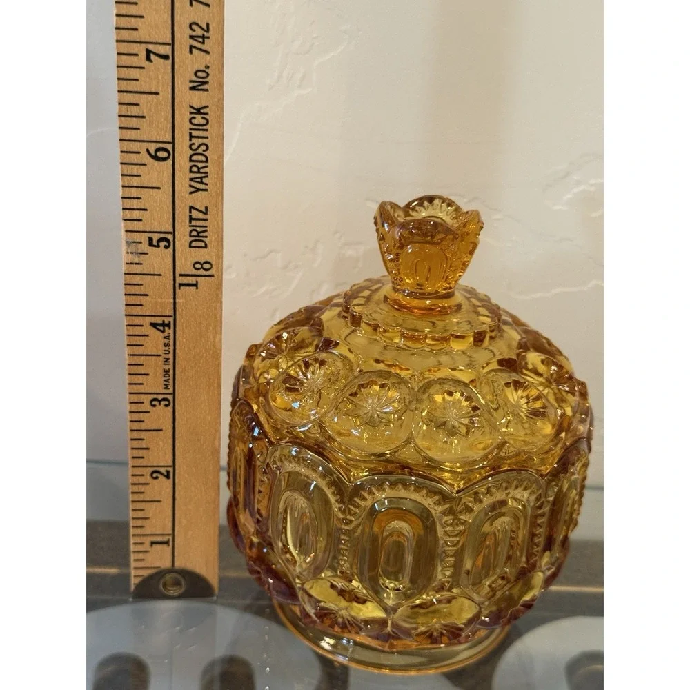 Vtg LE Smith Moon and Stars Amber Glass Jardiniere Covered Biscuit Cookie Jar